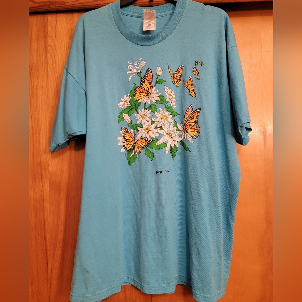 Blue Arkansas shirt with flowers and butterflies